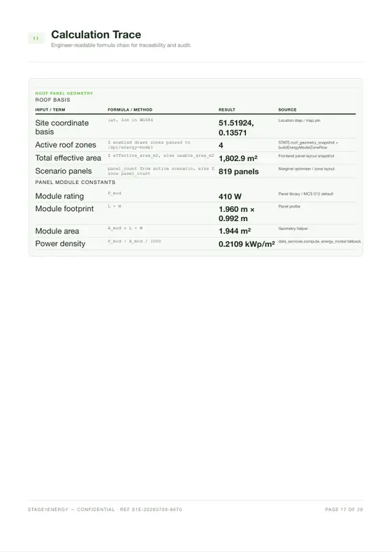 Calculation trace page listing formula, result and source for each material figure in the feasibility dossier