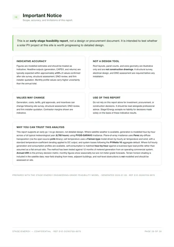 Important notice page stating the dossier is early-stage feasibility for investment decisions, not design or construction documents