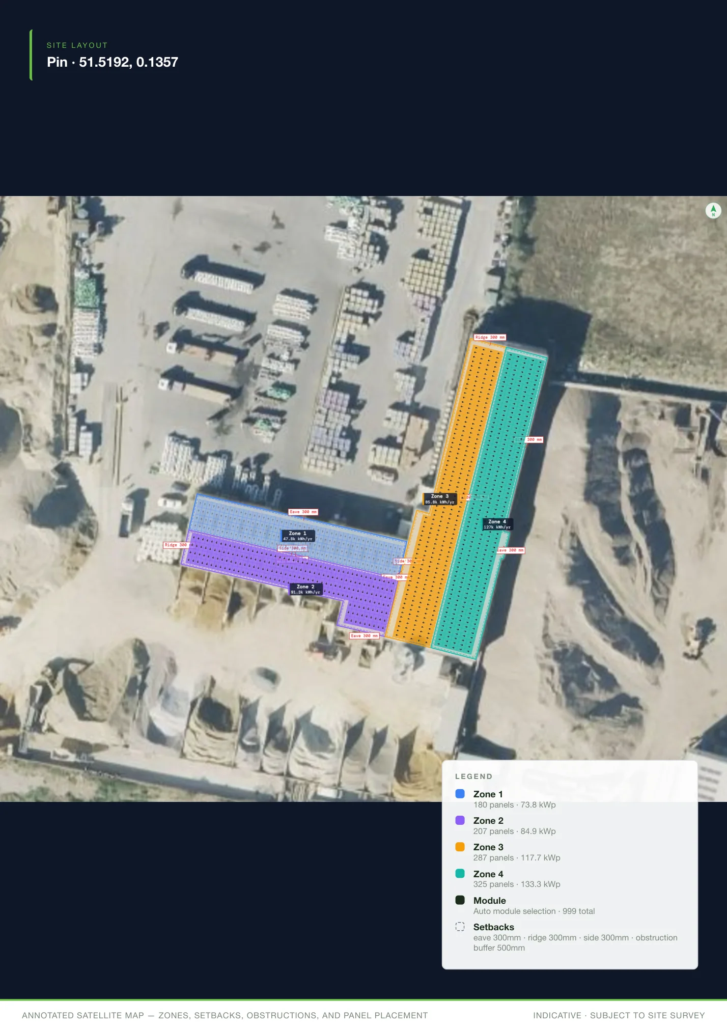 Annotated satellite map with roof zones from the worked example